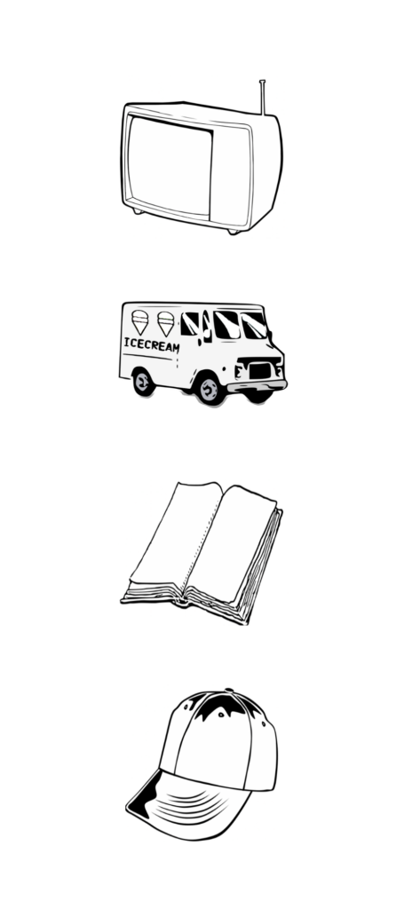 Line drawings of TV, truck, book, ball cap